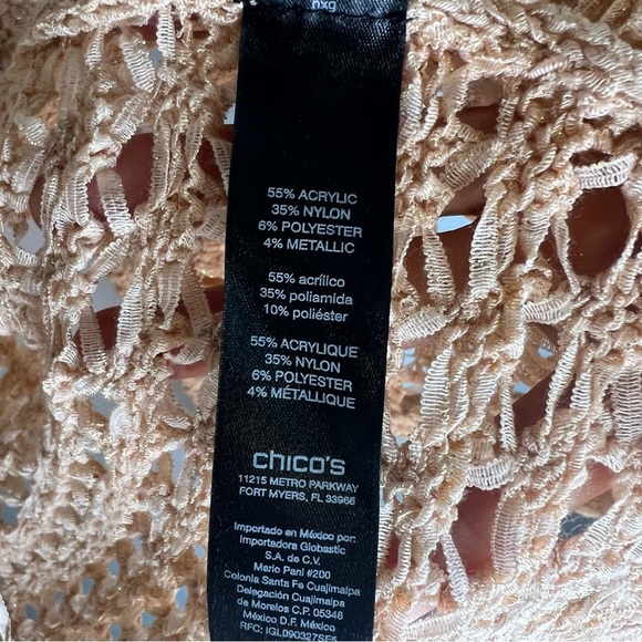 Chicos Sz L Peach Shimmer Boho Longline Fringe Cardigan Open Loose Knit Vacation - Picture 9 of 10